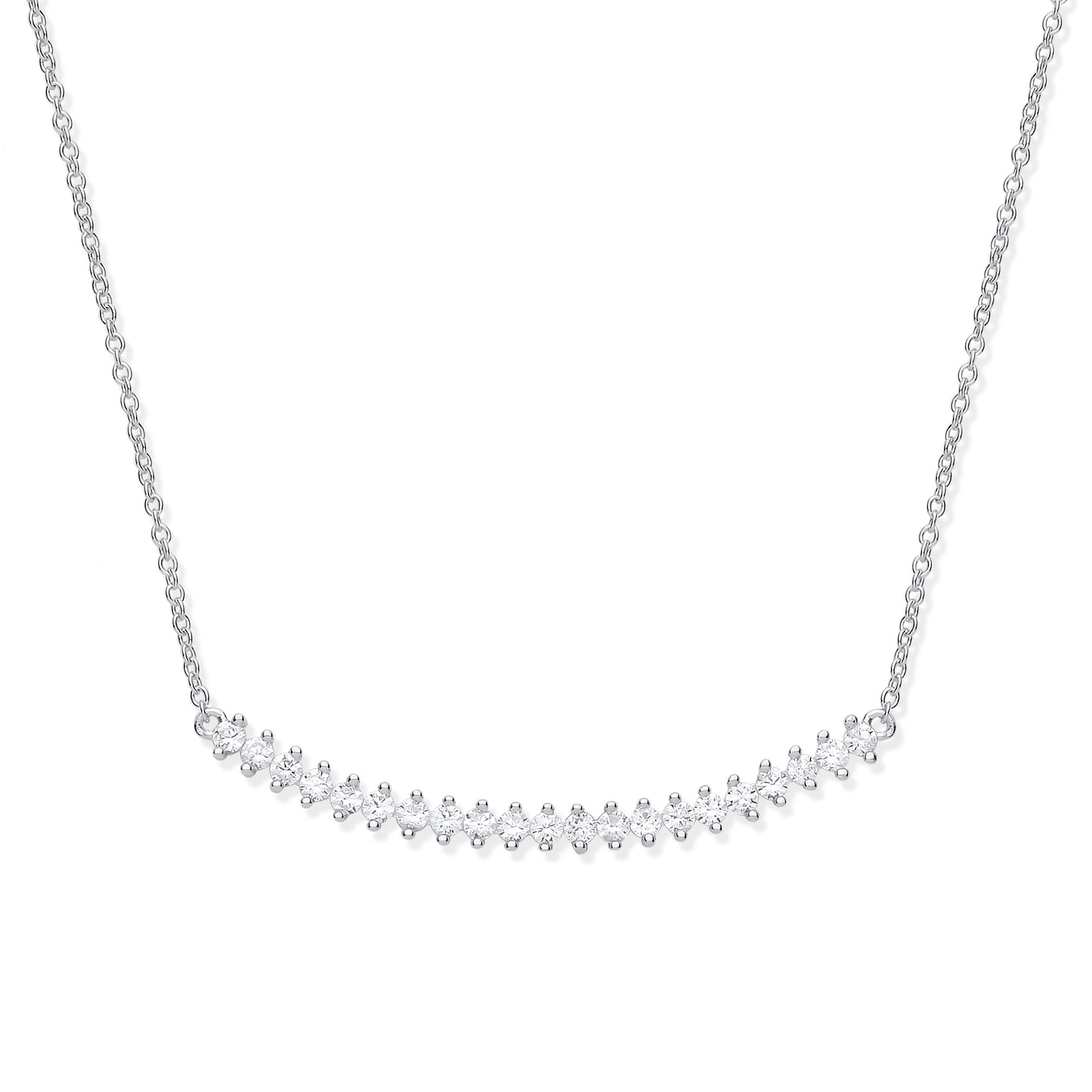 Silver necklace with small diamonds on a white background