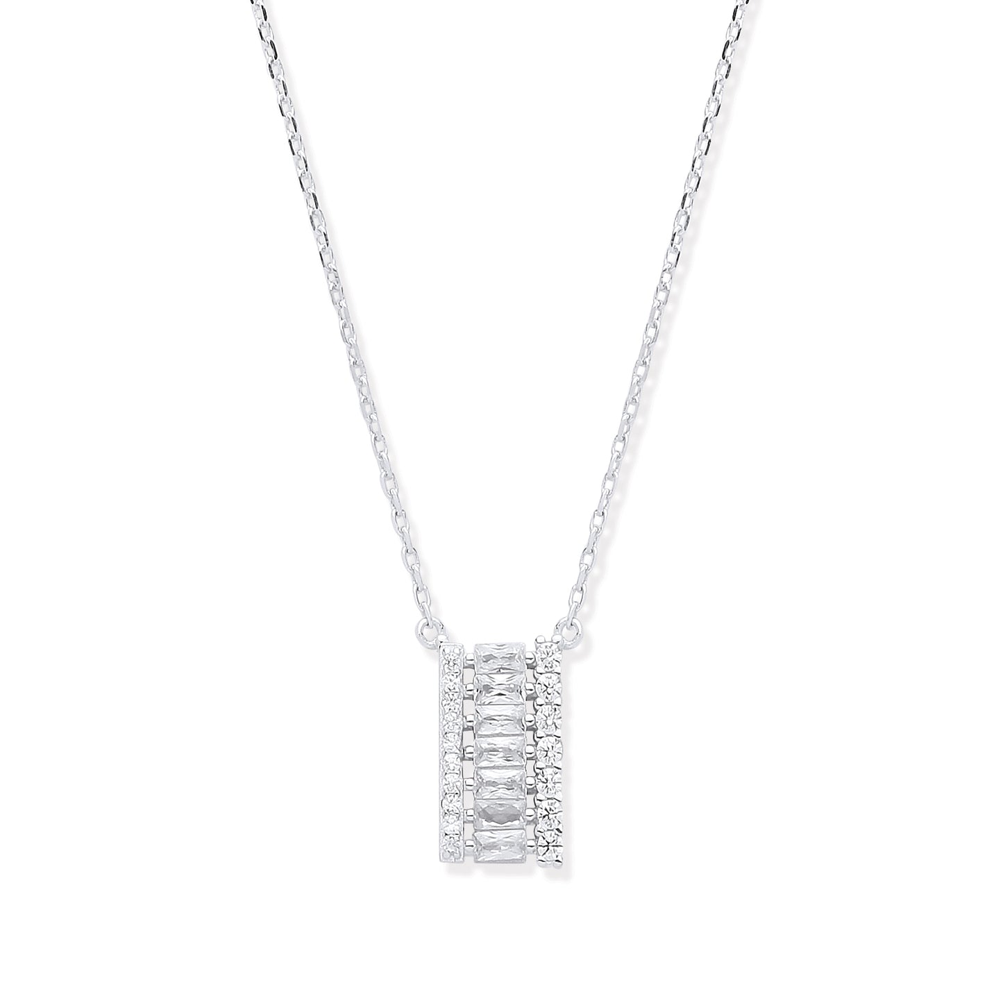 Diamond necklace with a rectangular pendant on a white background