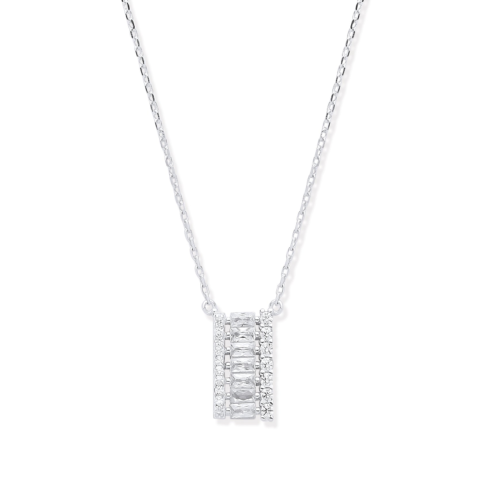 Diamond necklace with a rectangular pendant on a white background