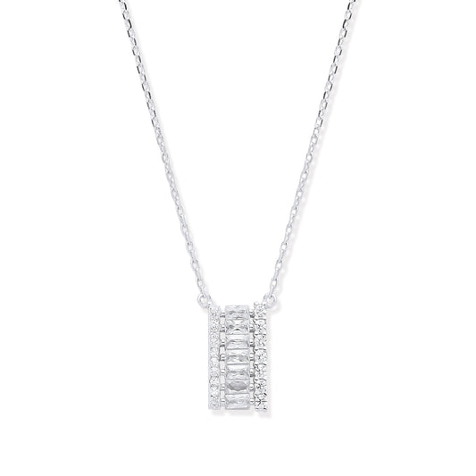 Diamond necklace with a rectangular pendant on a white background