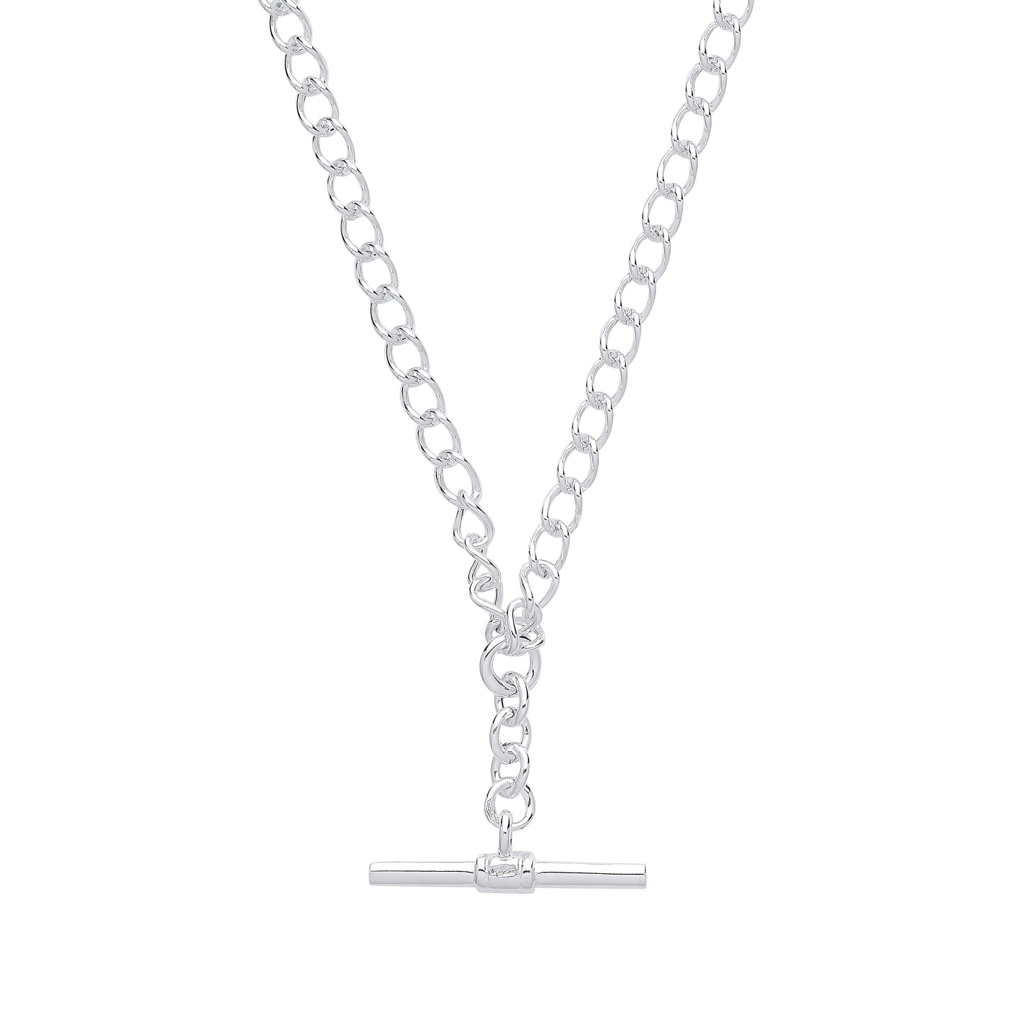 Silver chain necklace with a bar clasp on a white background