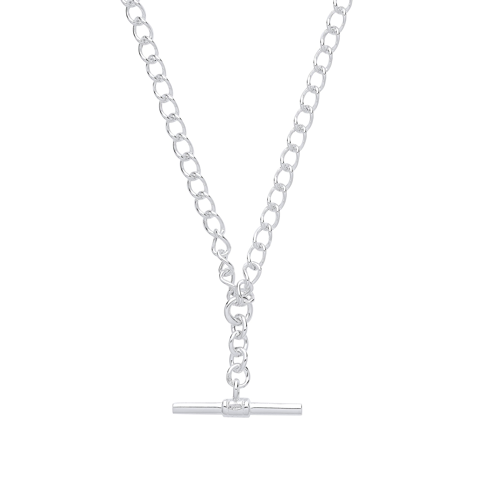Silver chain necklace with a bar clasp on a white background