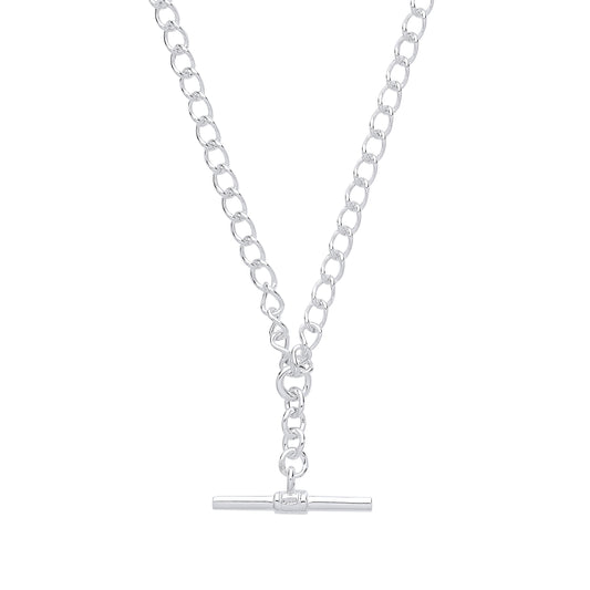 Silver chain necklace with a bar clasp on a white background