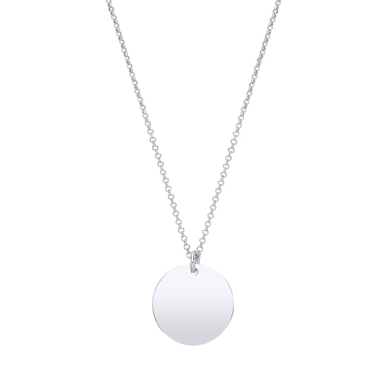 Silver necklace with a round pendant on a white background