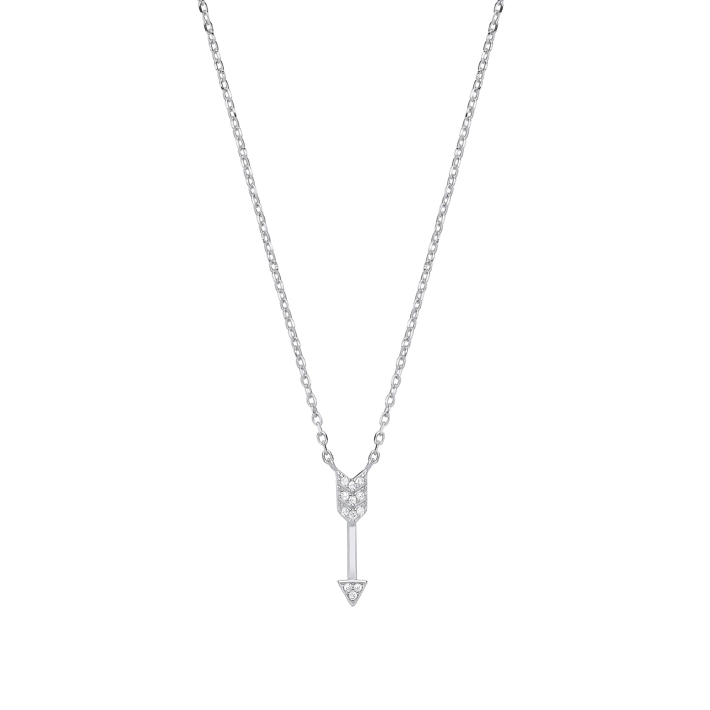 Silver necklace with a small arrow pendant on a white background
