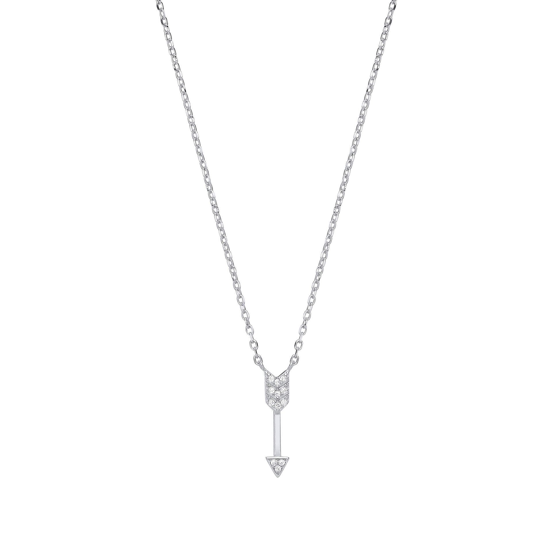 Silver necklace with a small arrow pendant on a white background