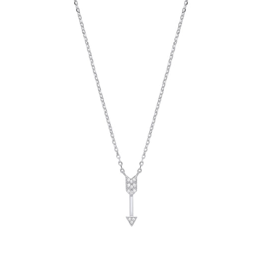 Silver necklace with a small arrow pendant on a white background