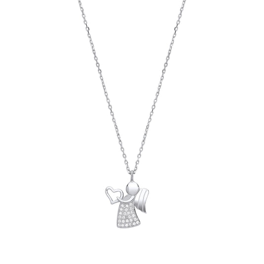 Silver angel pendant necklace on a white background
