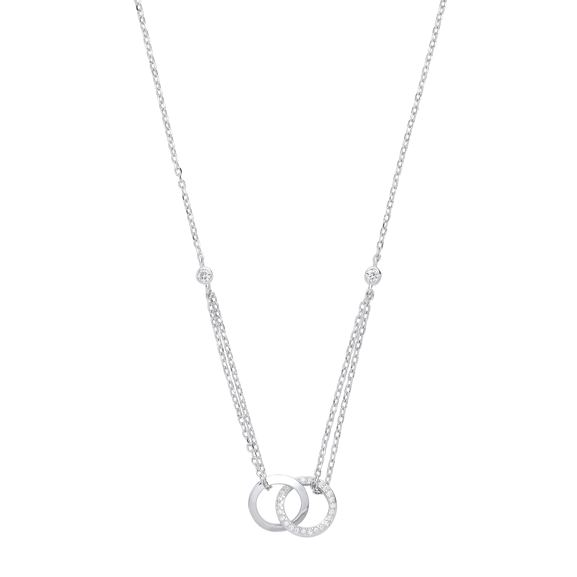 Silver necklace with interlocking rings on a white background