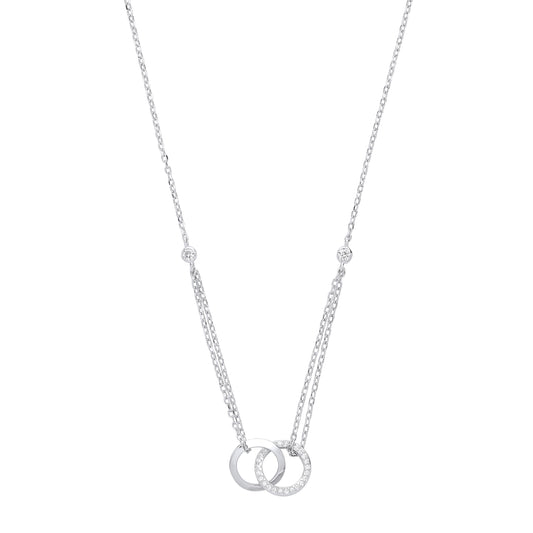 Silver necklace with interlocking rings on a white background