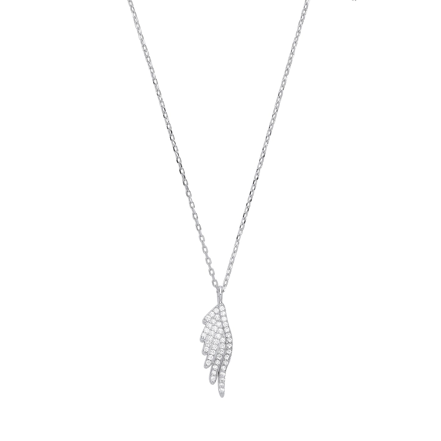 Silver wing-shaped pendant necklace on a white background