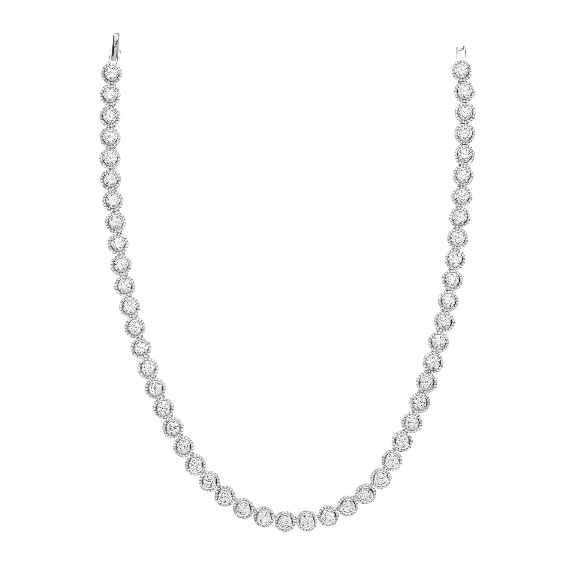 Silver necklace with round beads on a white background