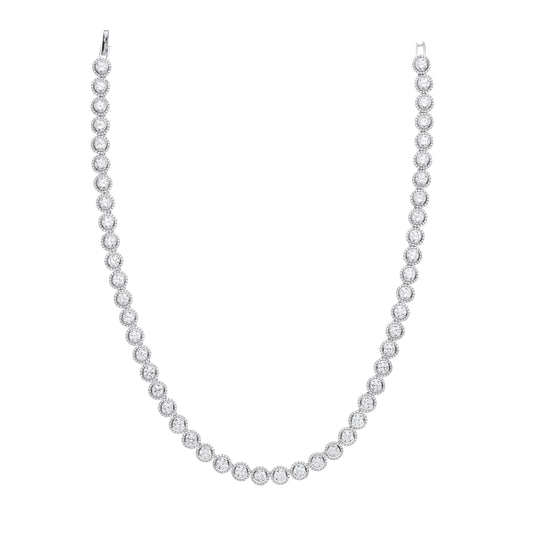 Silver necklace with round beads on a white background