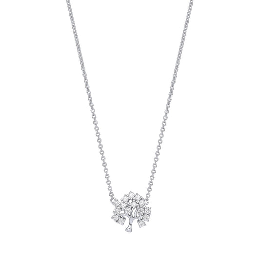 Silver necklace with a tree-shaped pendant on a white background