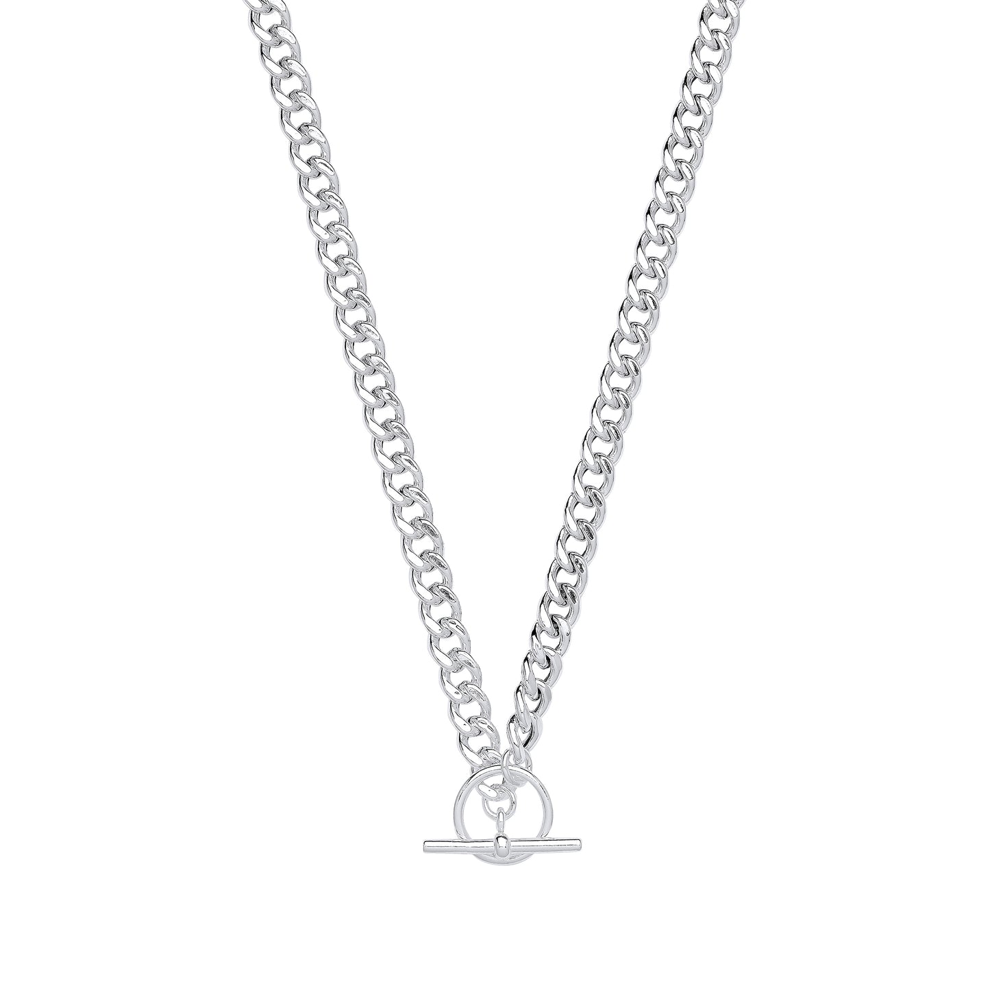 Silver chain necklace with a clasp on a white background