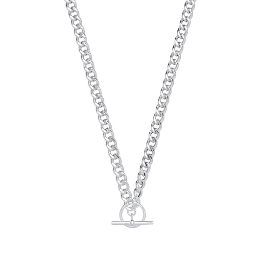 Silver chain necklace with a clasp on a white background