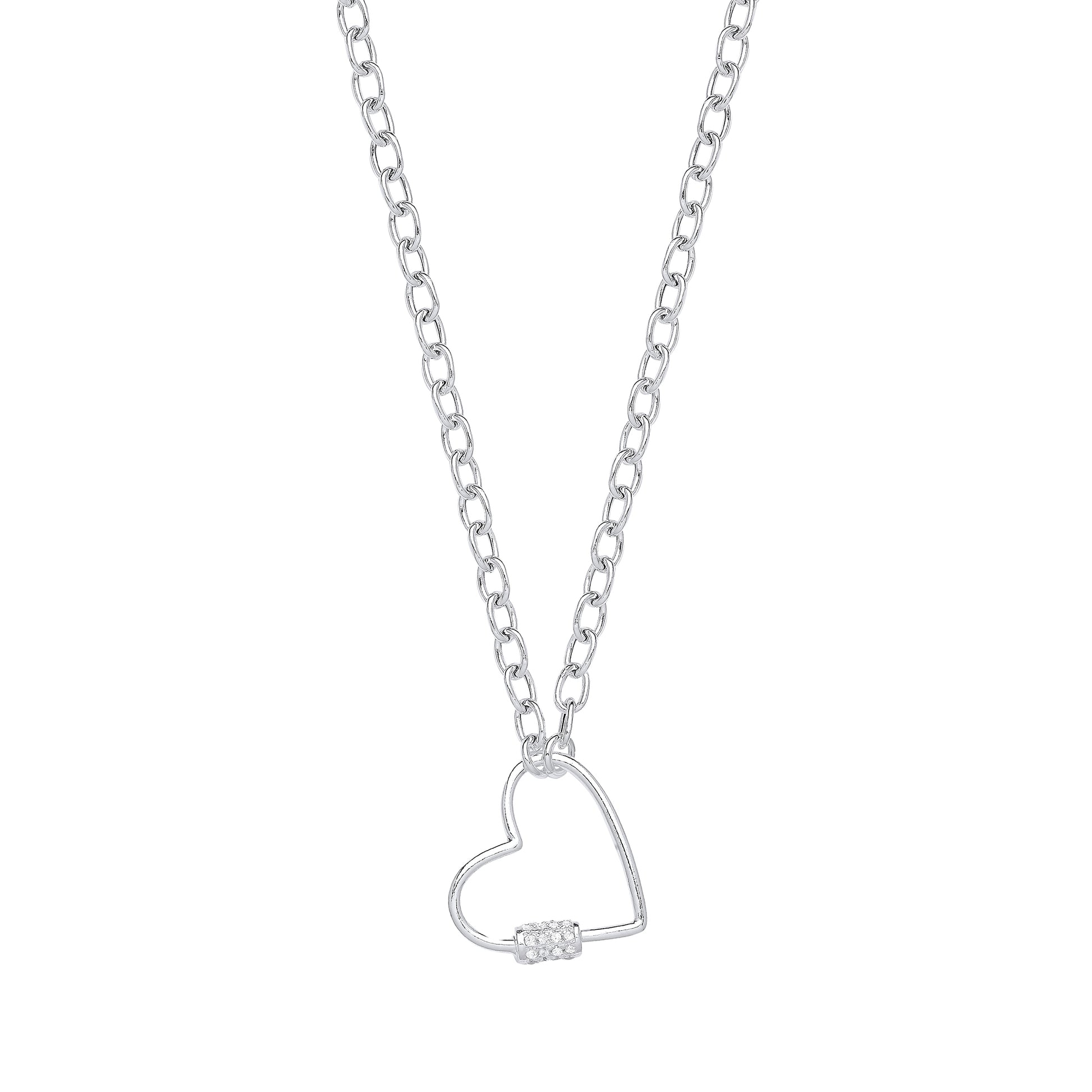 Silver necklace with a heart-shaped pendant on a white background