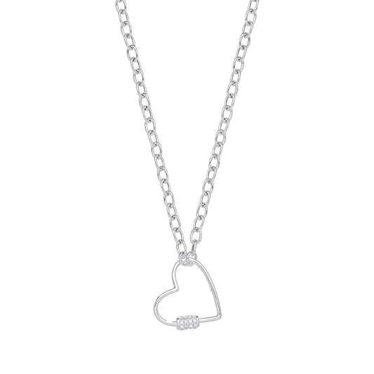 Silver necklace with a heart-shaped pendant on a white background