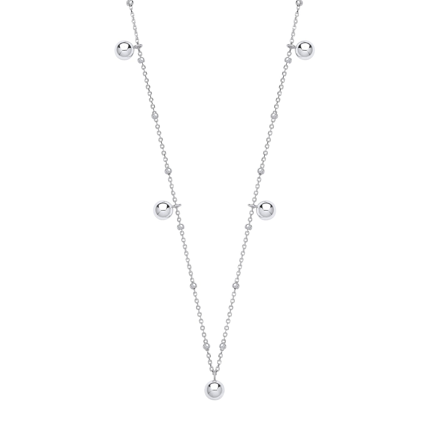 Silver necklace with small beads on a white background