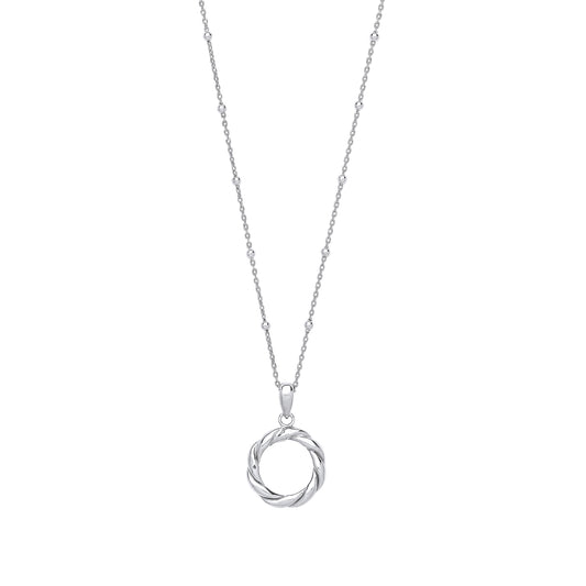Silver necklace with a circular pendant on a white background