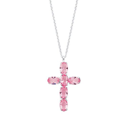 Pink cross pendant necklace on a white background
