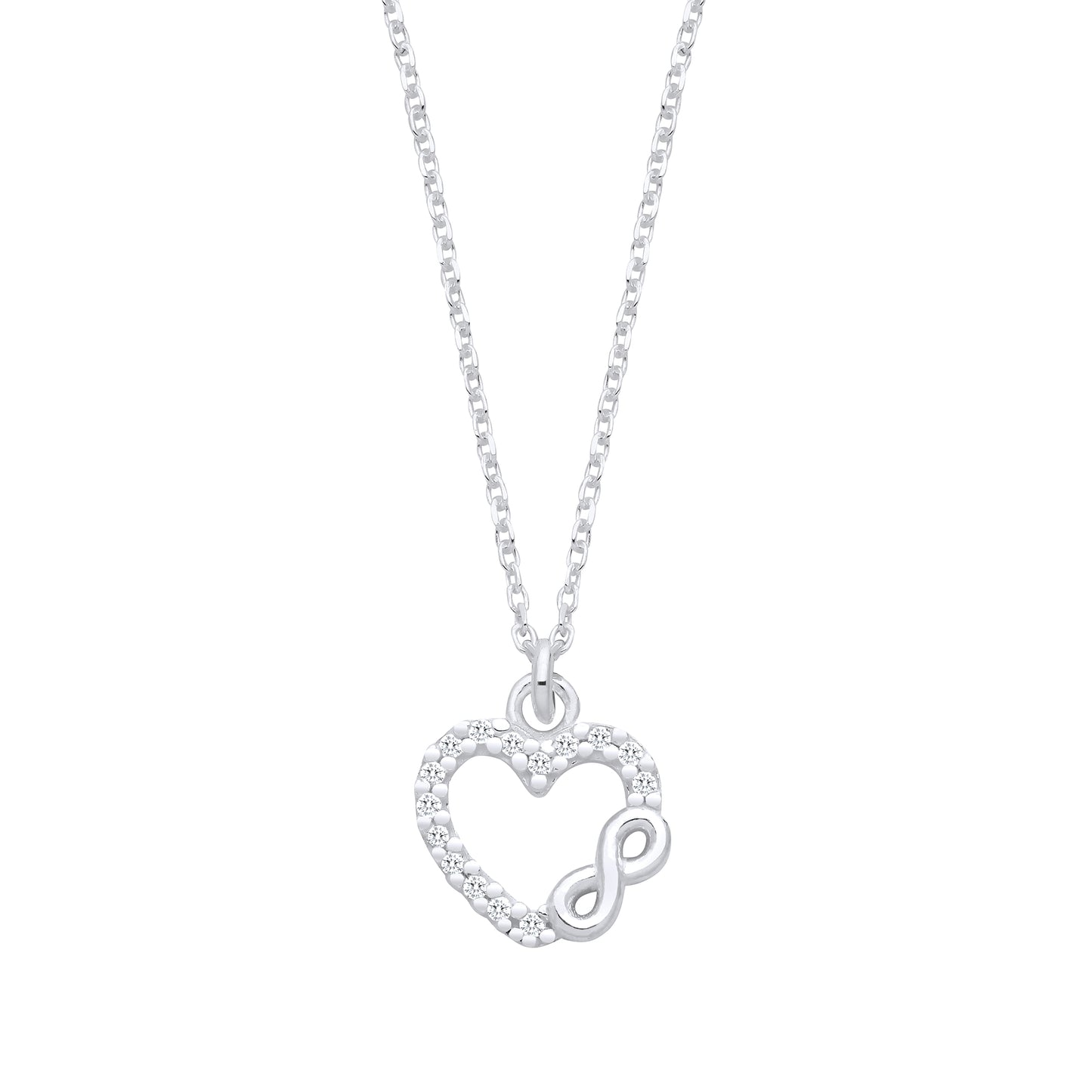 Silver necklace with a heart-shaped pendant on a white background