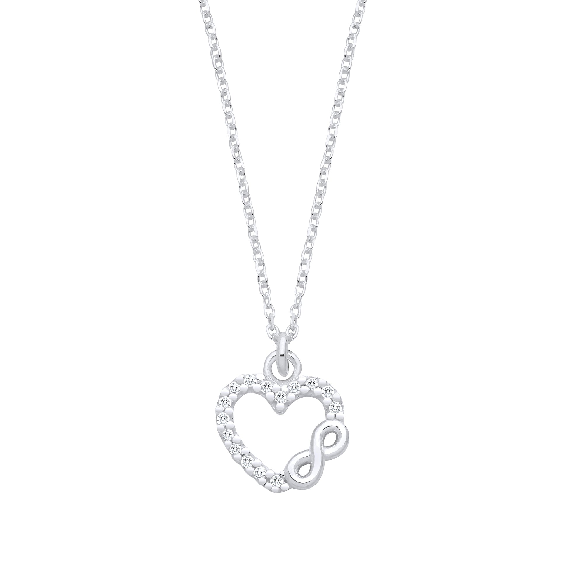 Silver necklace with a heart-shaped pendant on a white background