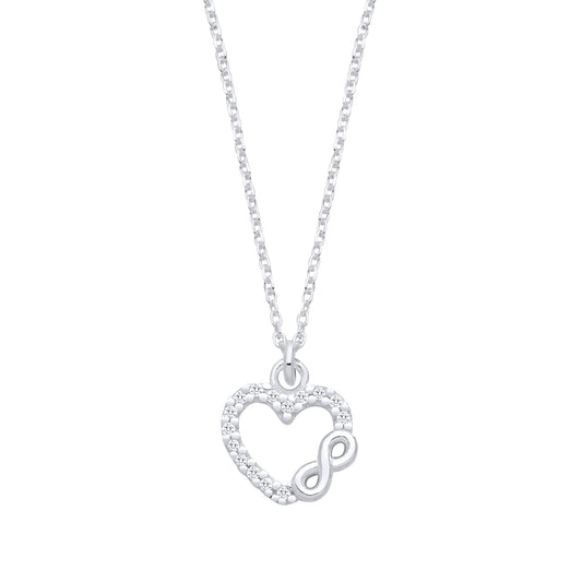 Silver necklace with a heart-shaped pendant on a white background
