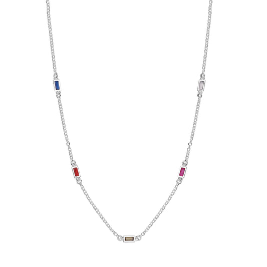 Silver necklace with colorful gemstones on a white background