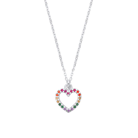 Necklace with a heart-shaped pendant featuring colorful stones on a white background