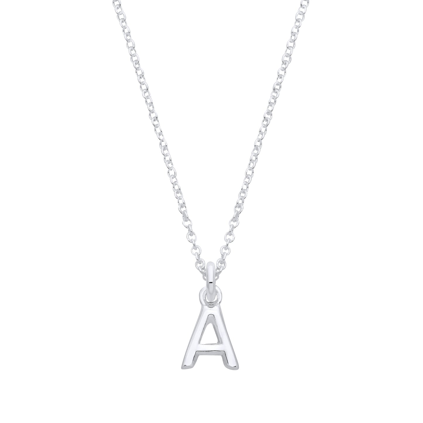 Silver necklace with a 'A' pendant on a white background