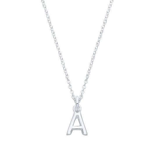 Silver necklace with a 'A' pendant on a white background