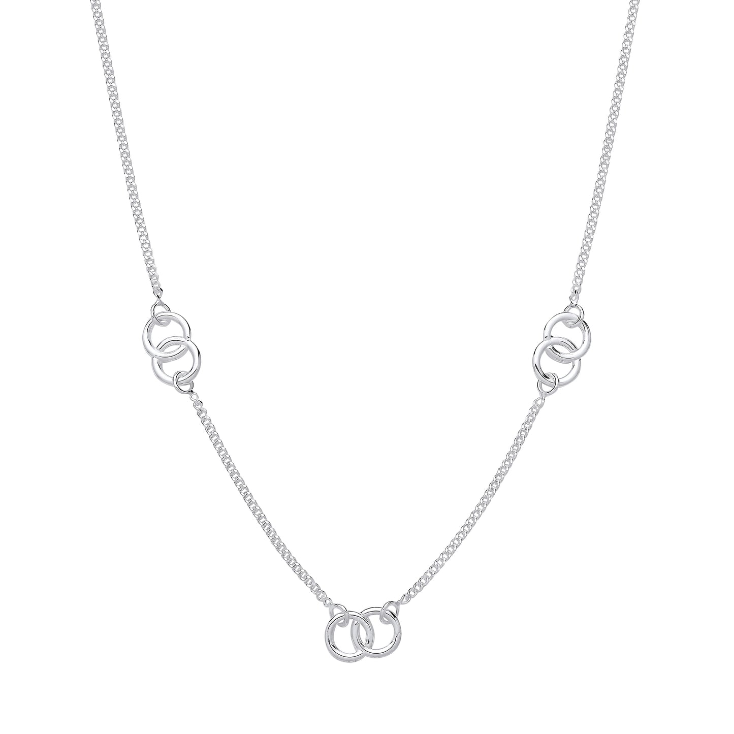 Silver necklace with interlocking rings on a white background