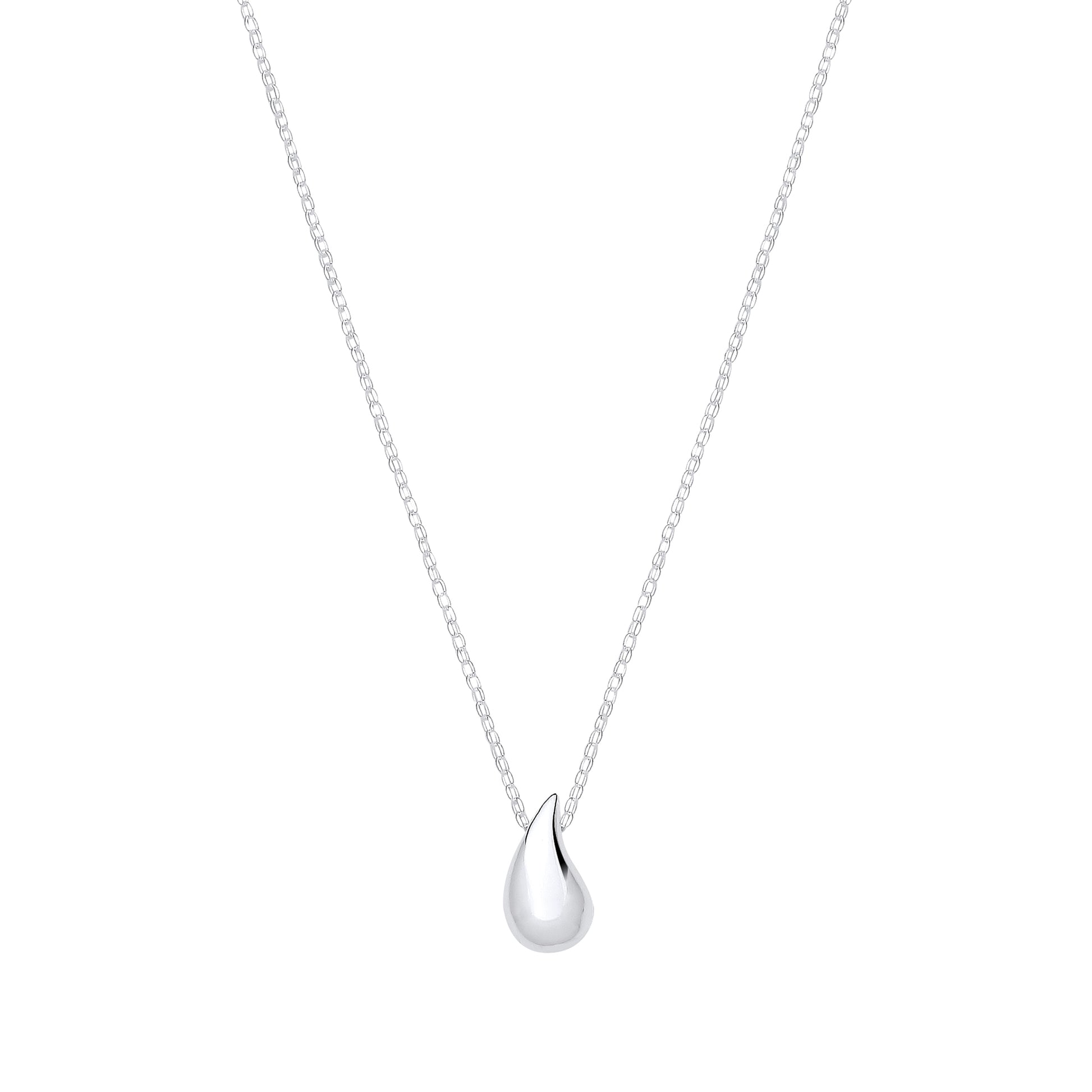 Silver teardrop pendant necklace on a white background