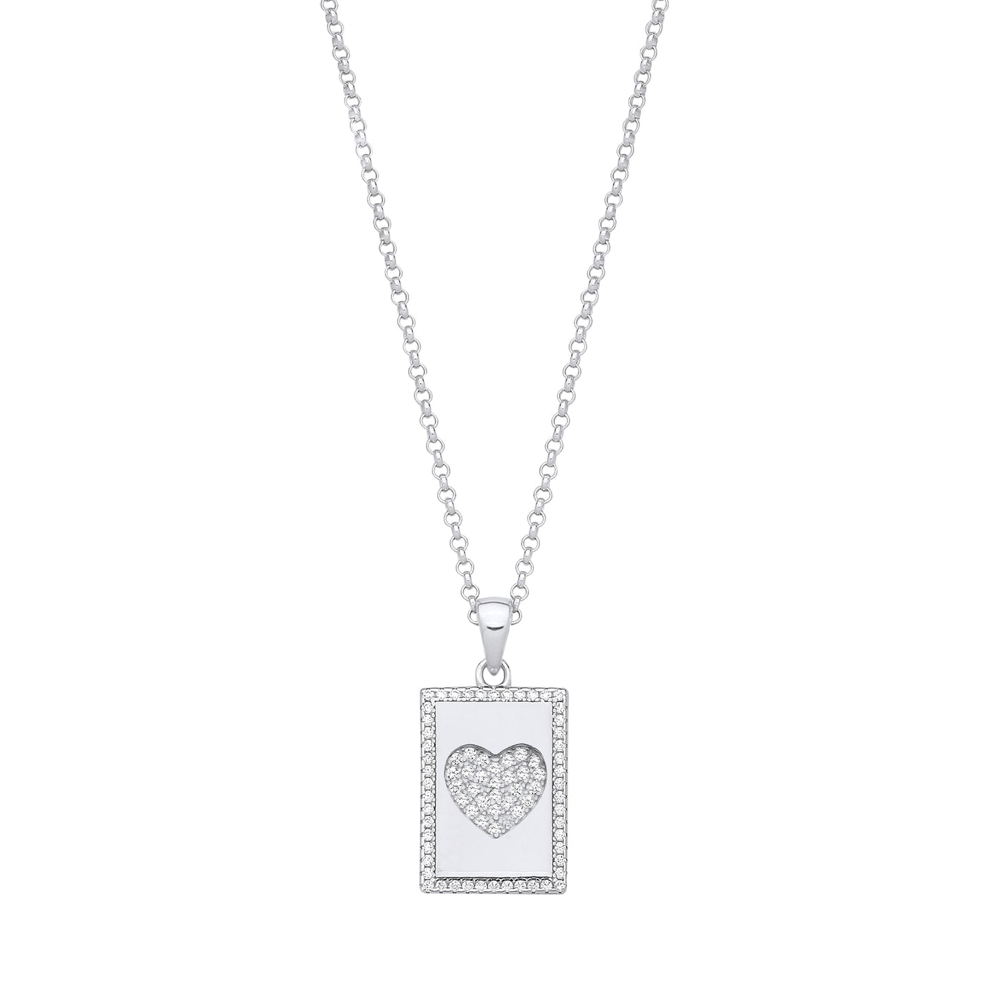 Silver necklace with a heart-shaped pendant on a white background
