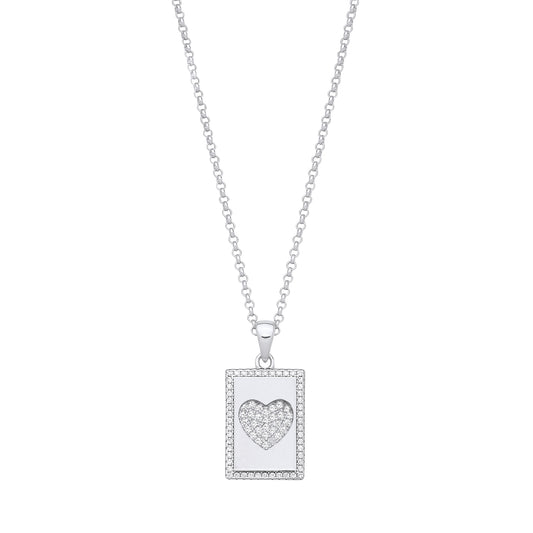 Silver necklace with a heart-shaped pendant on a white background