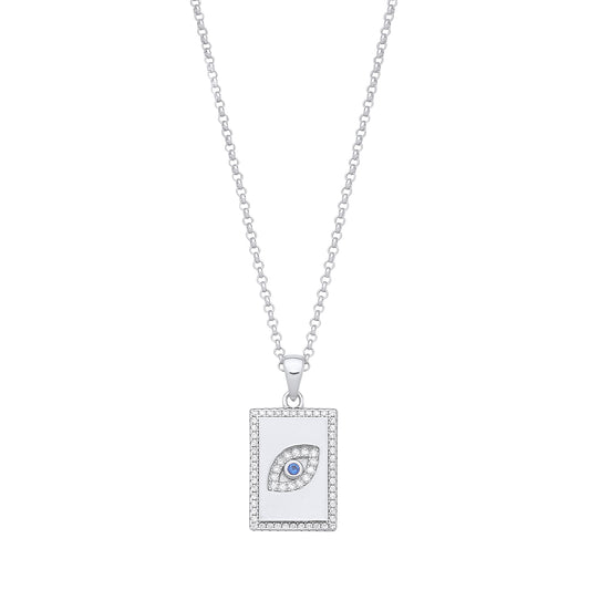 Silver necklace with a rectangular pendant featuring an eye design on a white background