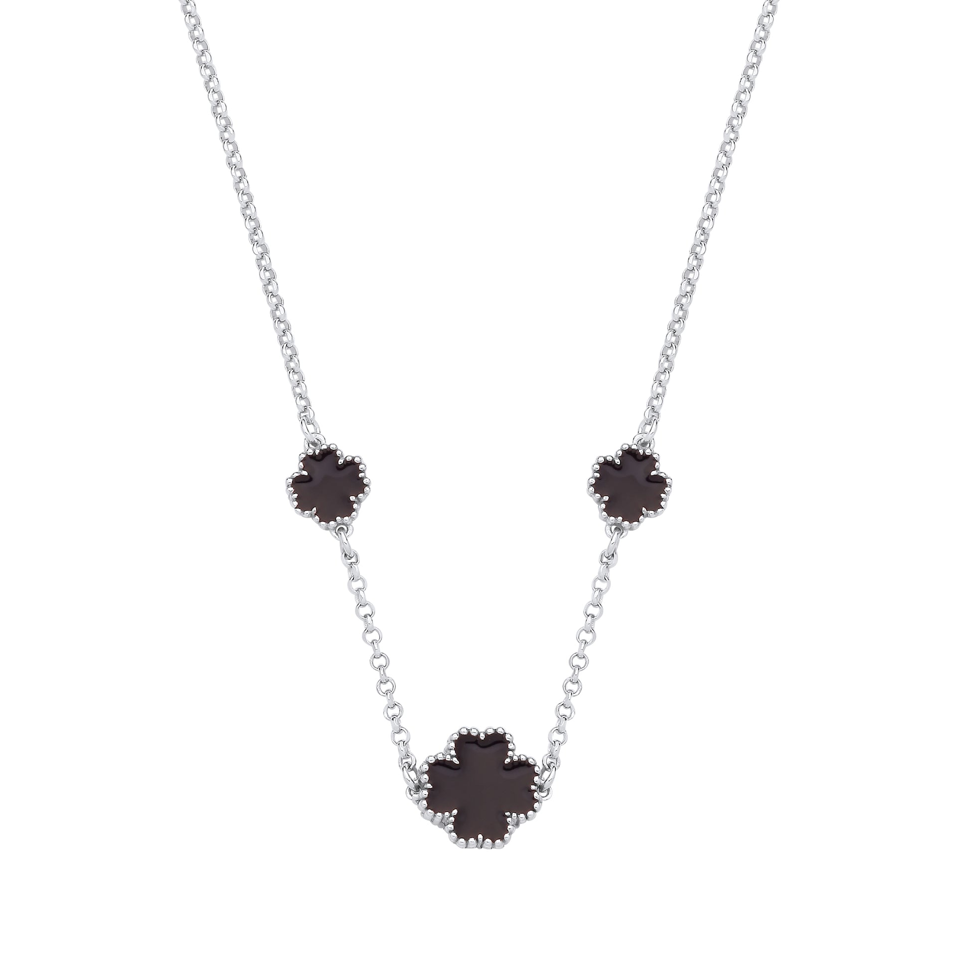 Necklace with three black flower-shaped pendants on a white background