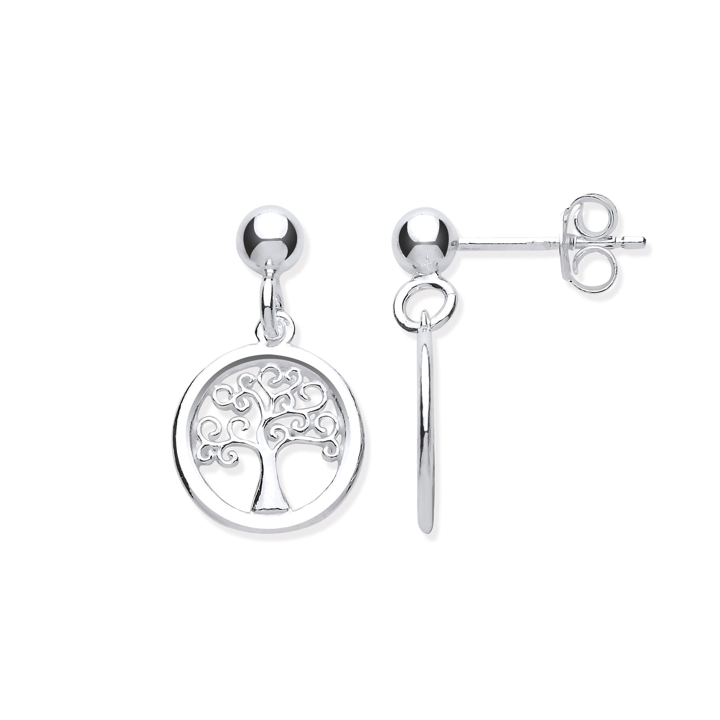 Silver earrings with tree of life design on a white background