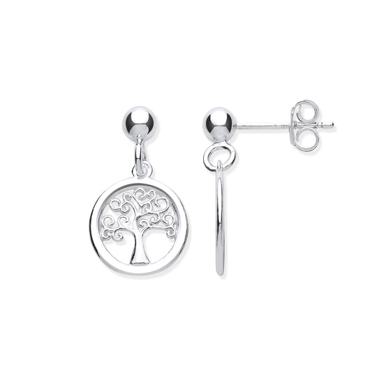 Silver earrings with tree of life design on a white background