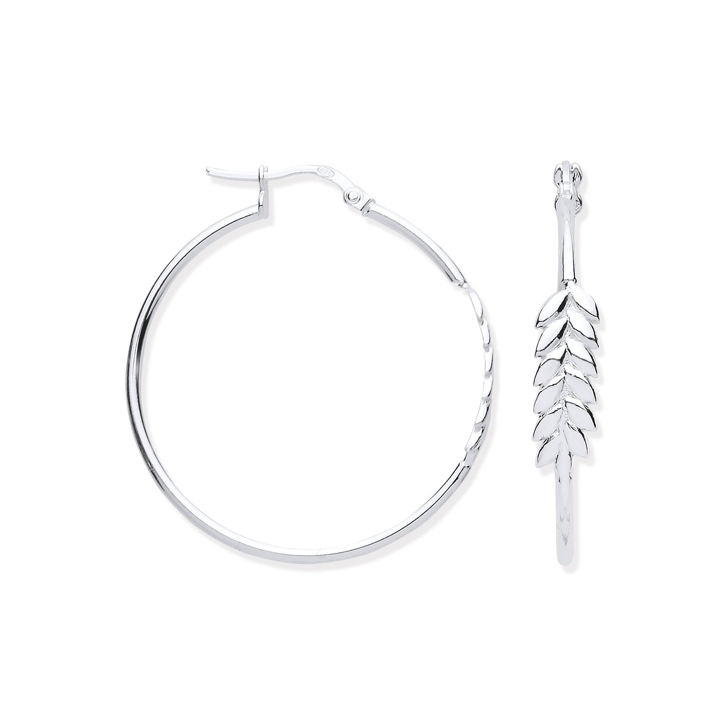 Silver hoop earring with leaf-shaped pendant on a white background