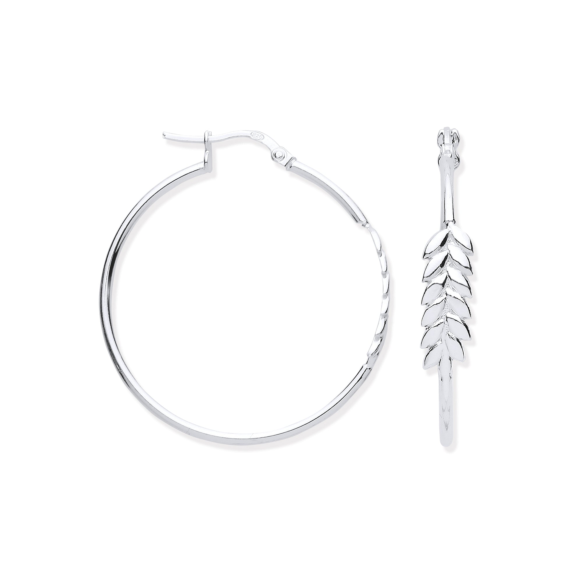 Silver hoop earring with leaf-shaped pendant on a white background