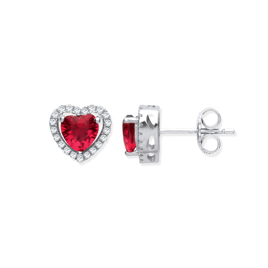 Heart-shaped red gemstone earrings on a white background