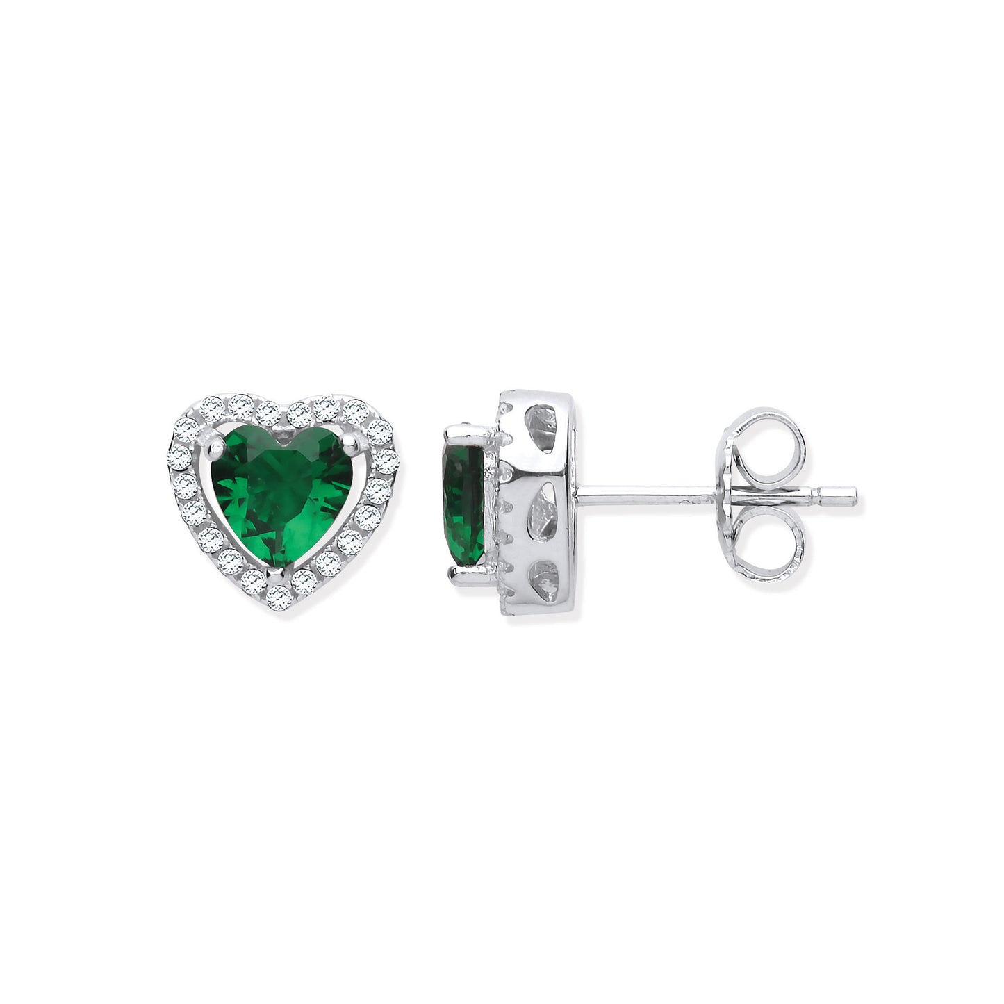 Heart-shaped green gemstone earrings on a white background