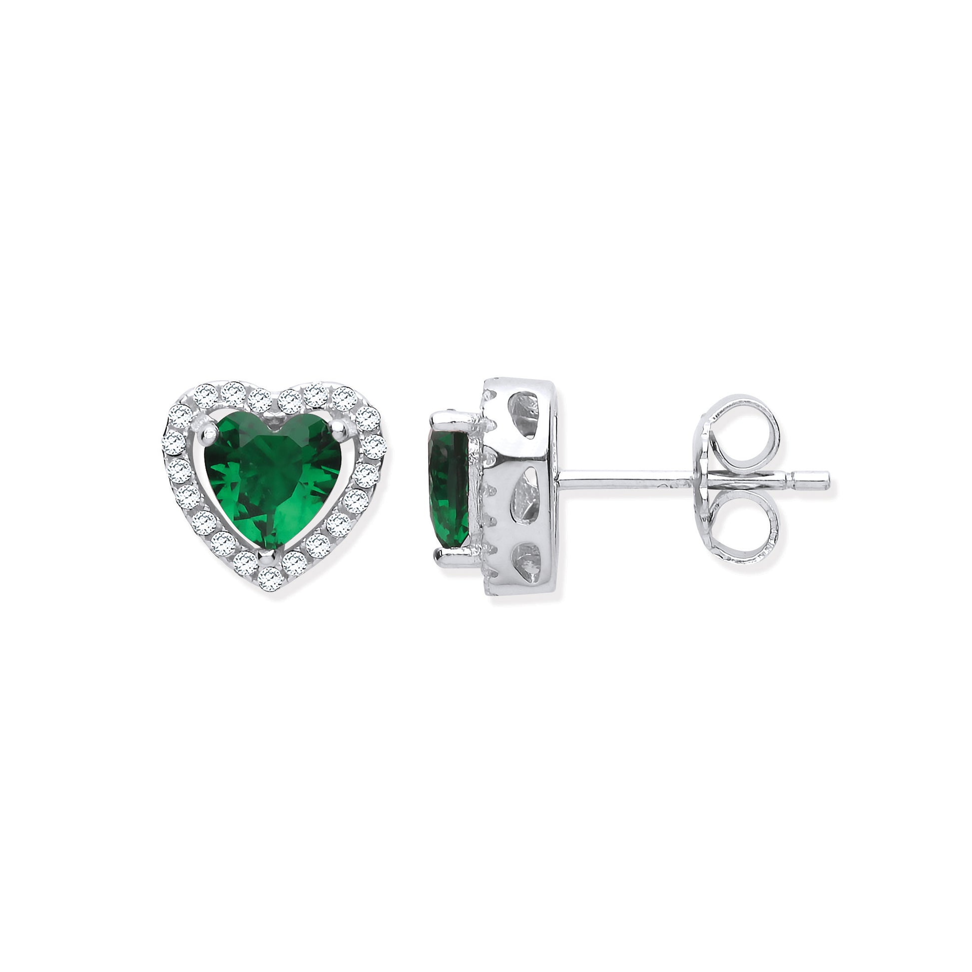 Heart-shaped green gemstone earrings on a white background