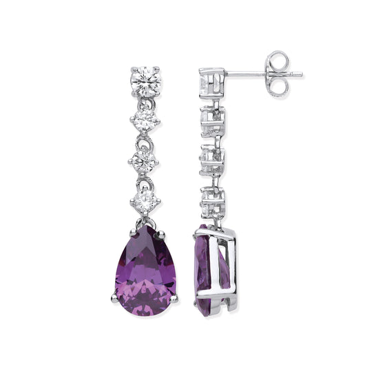 Purple gemstone earrings with silver setting on a white background