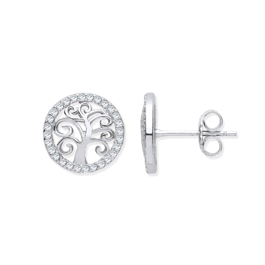 Silver earrings with tree of life design on a white background