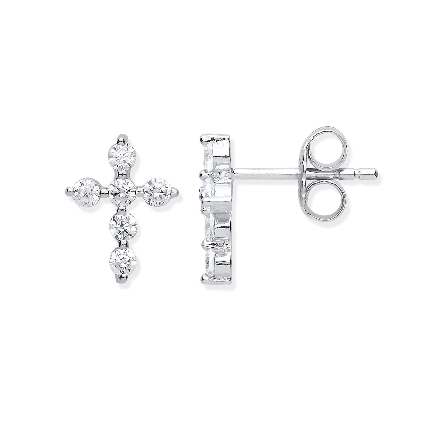 Silver cross-shaped earrings on a white background