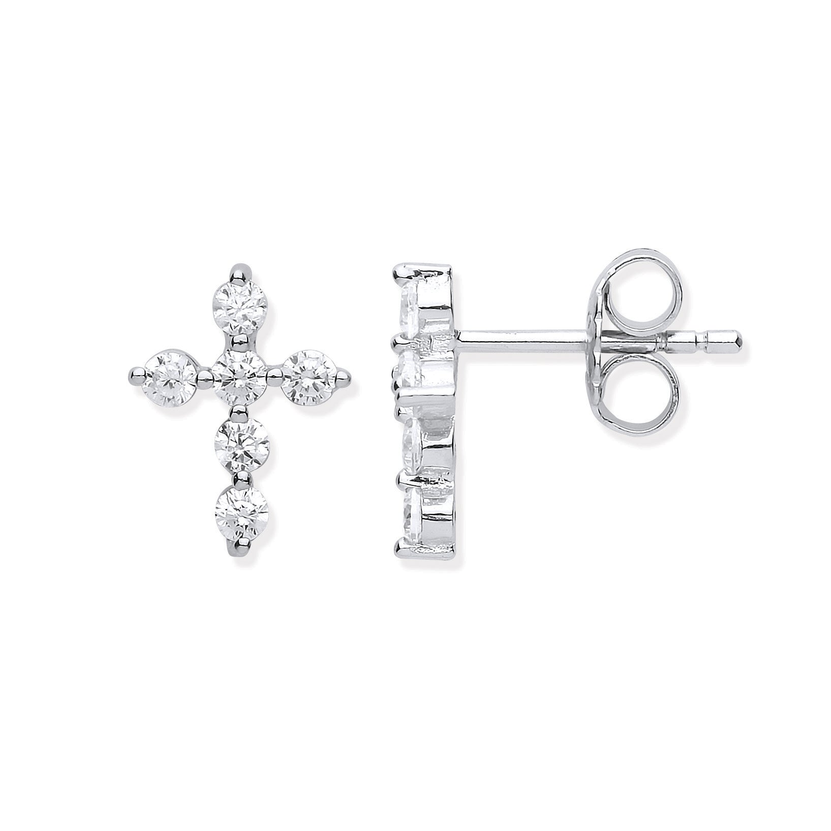 Silver cross-shaped earrings on a white background