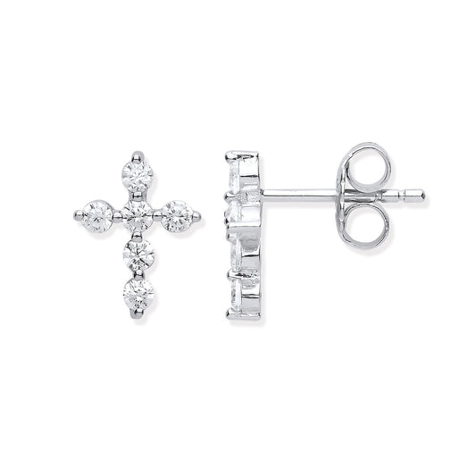 Silver cross-shaped earrings on a white background